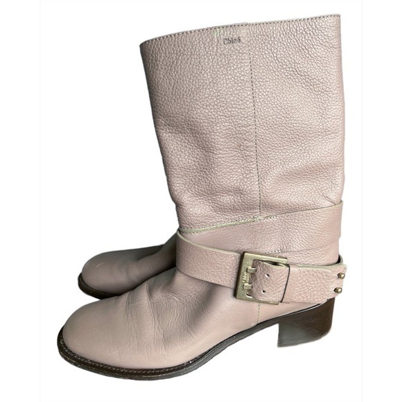 CHLOÉ Leather Mid Calf Ankle Gold Buckle Bikercore Riding Boots Taupe 36.5 - Picture 2 of 8